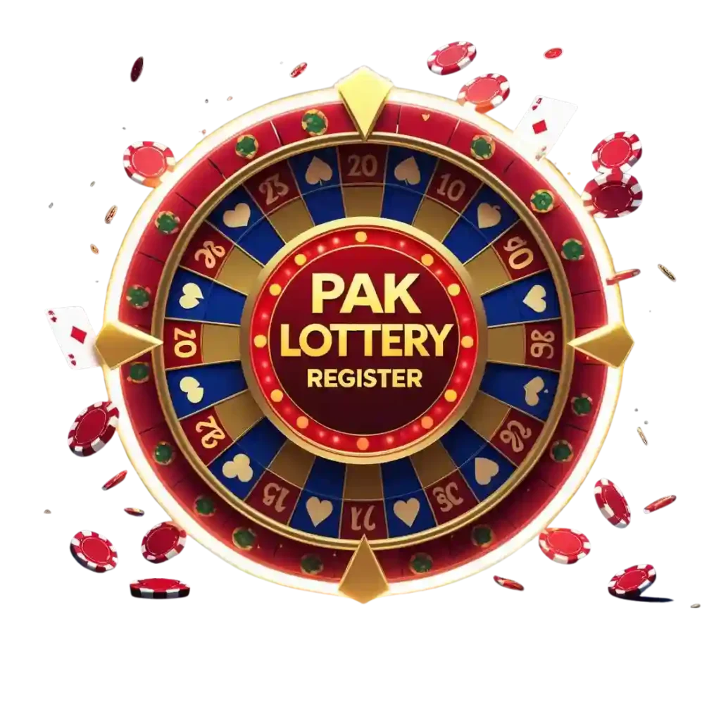 A digital illustration of a jackpot big win casino game poster with a vibrant and colorful design. The background is a deep blue gradient with a spotlight effect, creating a dramatic effect. in the center of the image, a large, glowing red and gold casino wheel with the words "Pak Lottery" and "Register" prominently displayed in bold, golden letters. Around the wheel, there are playing cards and casino chips scattered around, adding to the festive atmosphere. the wheel is surrounded by a bright, glowing light effect, giving it a sense of energy and excitement. the overall design is eye-catching and inviting, making it a visually appealing and memorable image.